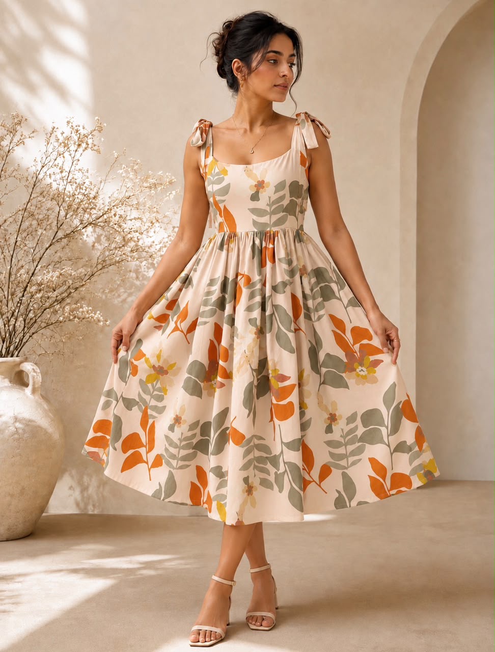 Floral tie-Shoulder Midi dress