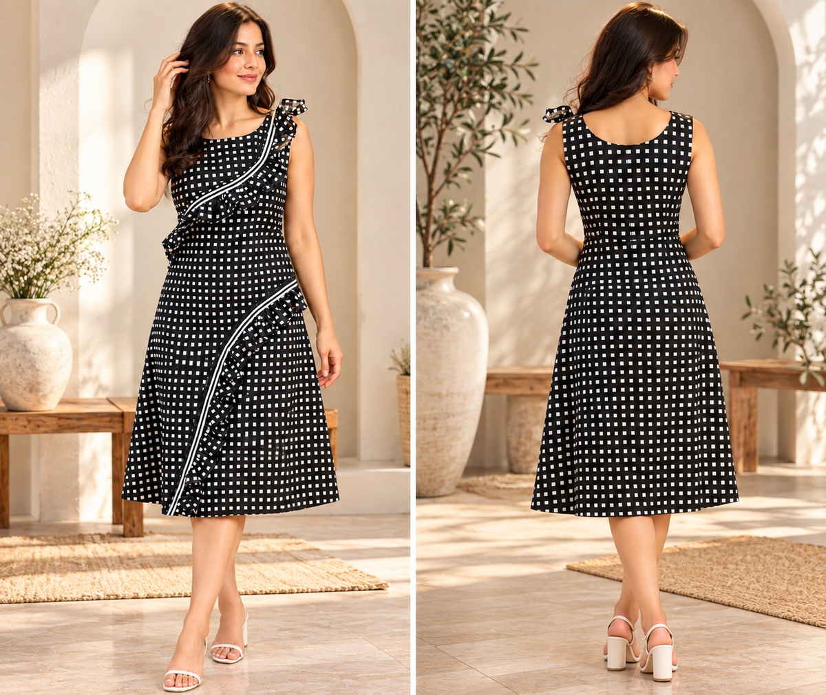 Monochrome Ruffle Cotton Midi Dress
