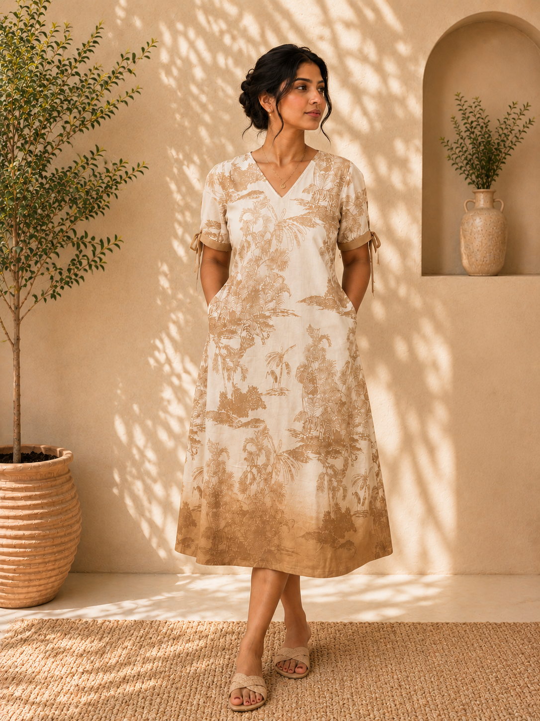 Women’s 100% Cotton Printed A-Line Dress with Tie Sleeves