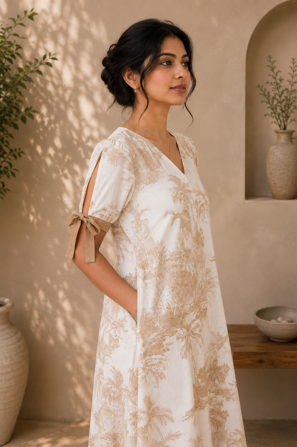 Women’s 100% Cotton Printed A-Line Dress with Tie Sleeves