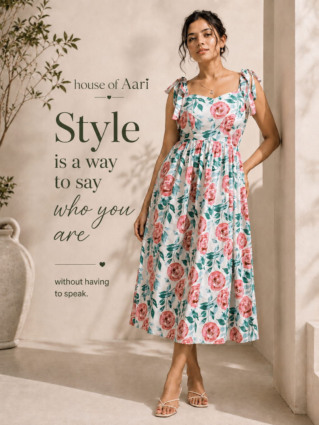Feminine, padded floral midi dress with flared silhouette.