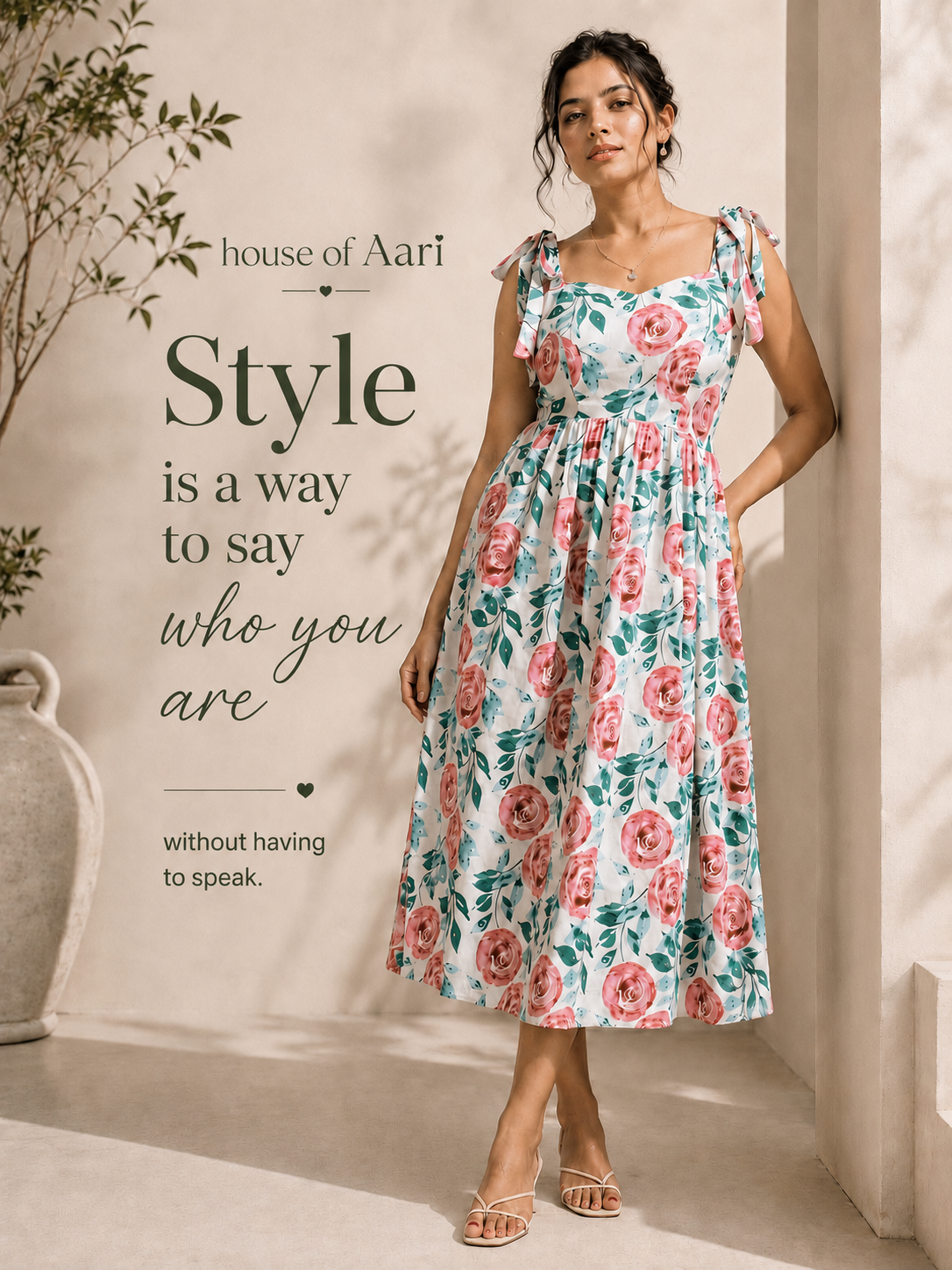 Feminine, padded floral midi dress with flared silhouette.