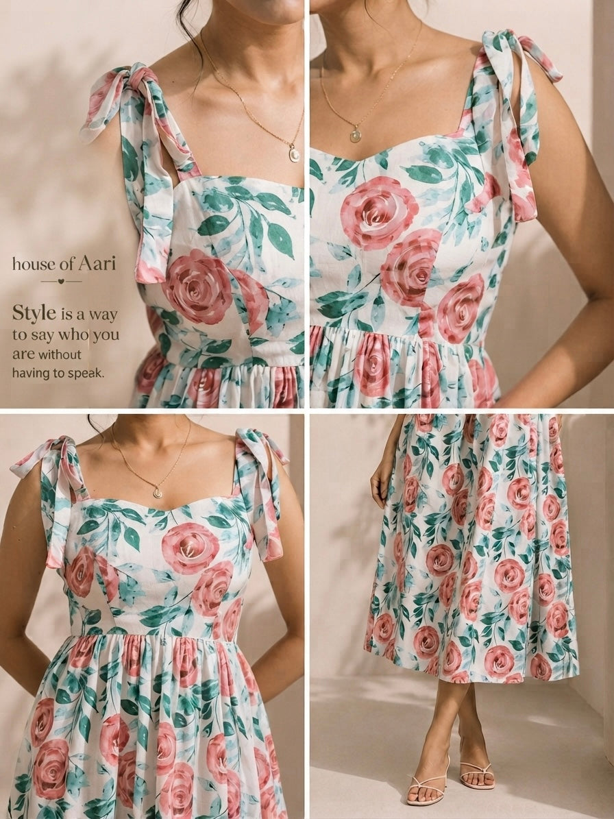 Feminine, padded floral midi dress with flared silhouette.
