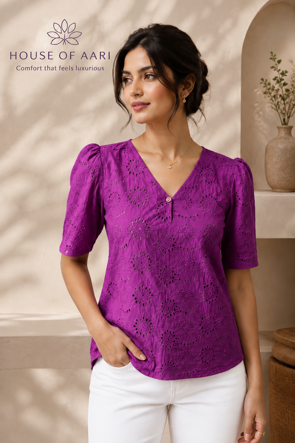 Purple Floral Eyelet Cotton Top with Puff Sleeves