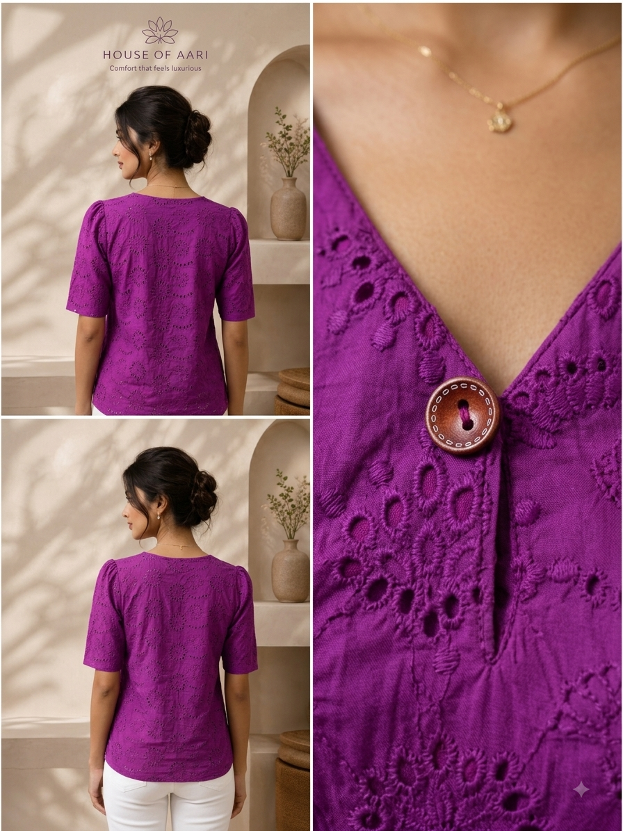 Purple Floral Eyelet Cotton Top with Puff Sleeves
