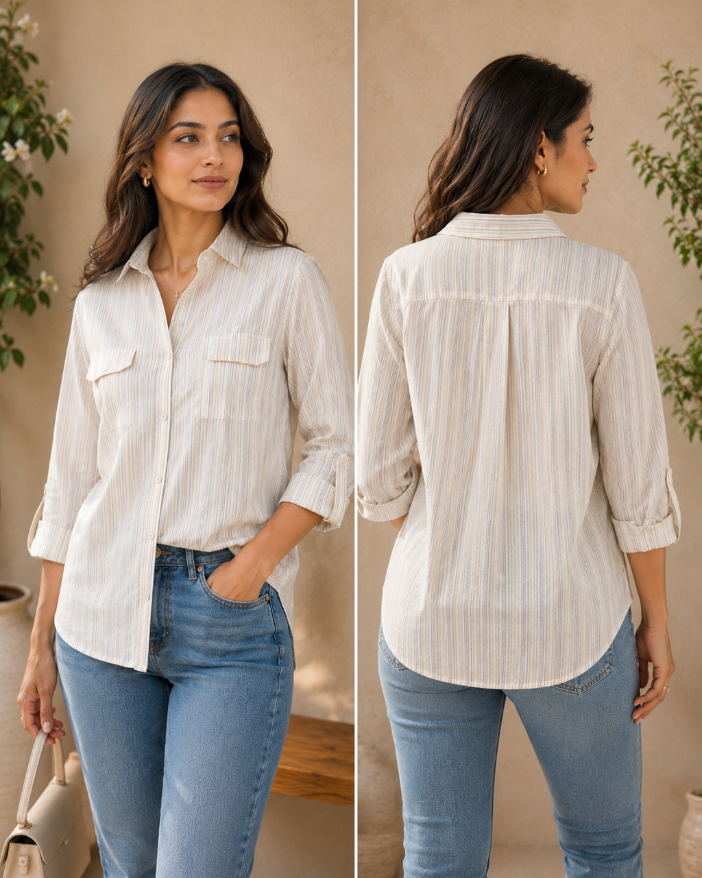 Women’s Striped Linen Shirt with Utility Pockets