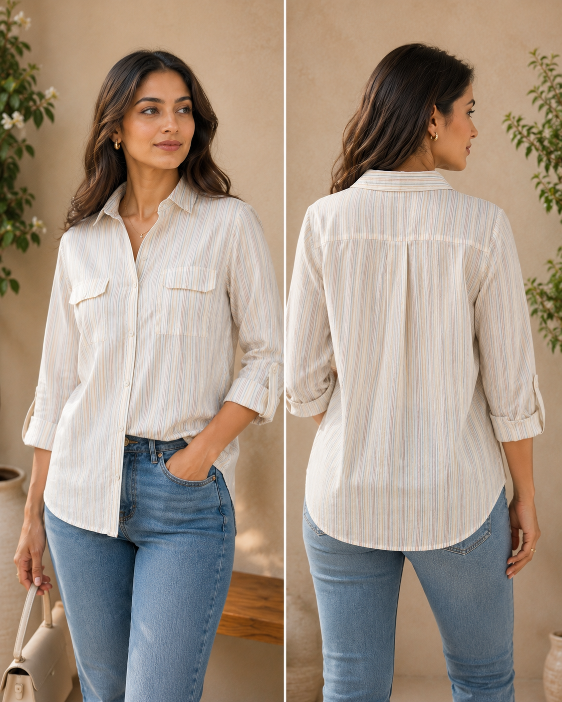 Women’s Striped Linen Shirt with Utility Pockets